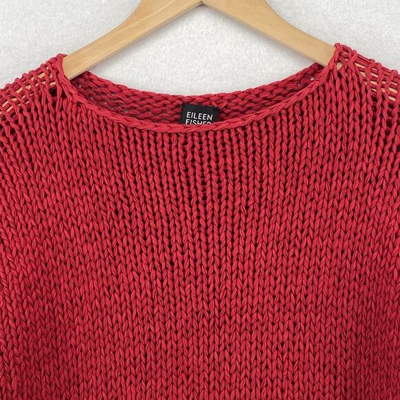 EILEEN FISHER Sweater L Cotton Tape Yarn Rolled Round Neck Pullover Red VTG - Picture 4 of 11